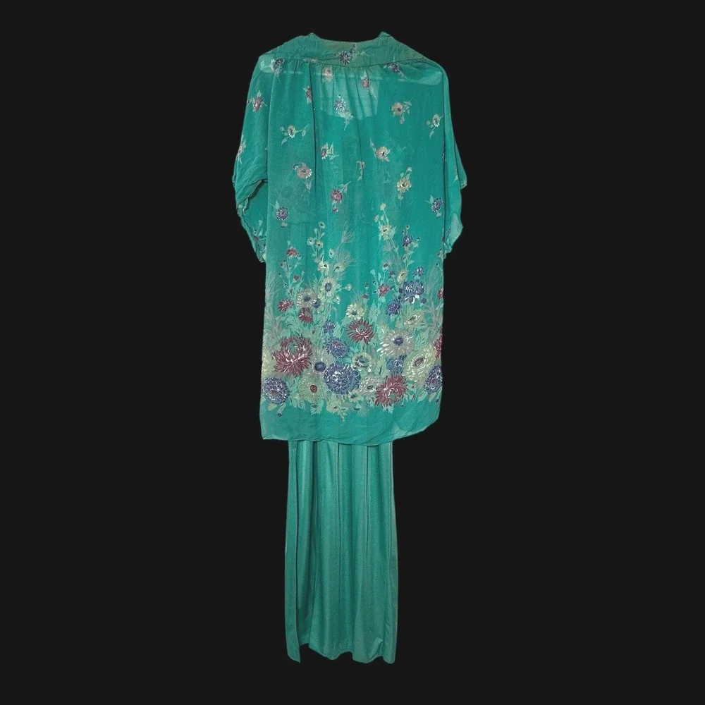 Vintage 70s Teal Floral Maxi Dress & Kimono Set ILGWU Made in USA Size 10